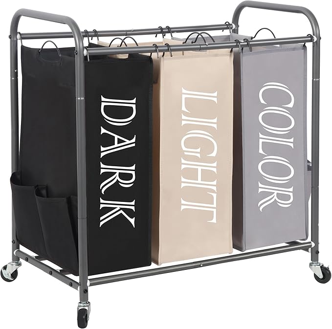 STORAGE MANIAC 3 Section Laundry Sorter, 35.6 Gal (135 L) Laundry Hamper Cart with Heavy Duty Rolling Lockable Wheels and Removable Bags, Clothes Organizer Basket Separator Hamper, Multicolored