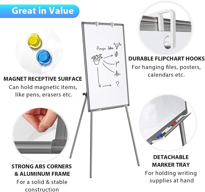 Maxtek Easel Whiteboard 36 x 24, Stand Tripod with Height Adjustable, Gray | 3' x 2' Magnetic Dry Erase Surface, Flipchart Stand, Portable Tripod Easel for Office, Teaching, Home and Classroom