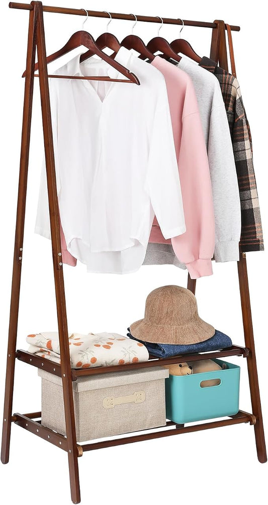 Jotsport Bamboo Clothing Rack with 2 Tier Storage Shelf, Foldable Design | Portable Clothes Hanging Stand Space-Saving Garment Rack for Laundry, Guest Room, Apartment, Entryway