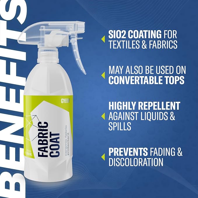 Gyeon Quartz Fabric Coat Super‑Hydrophobic UV‑Resistant Ceramic Textile Pro | Super-hydrophobic ceramic textile protectant repels stains and supports self-cleaning protection on upholstery and fabric