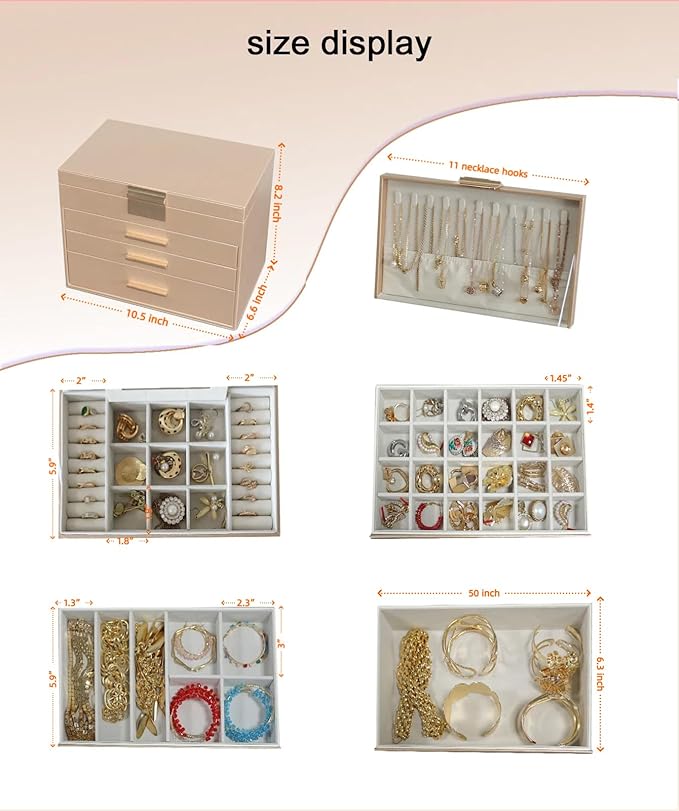 BOOVO Jewelry Boxes for Women, White and Black 6 Layer Large Jewelry Box for Necklace, Bracelet, Earrings, Rings Storage, Jewelry holder Organizer for Girls Gift (Champagne, 5 Layer)