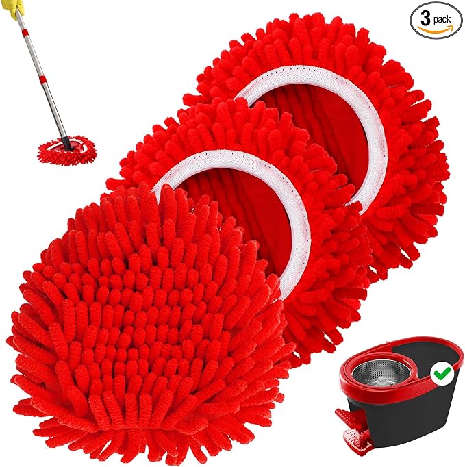 3 Pack Chenille Mop Heads Replacements Compatible with 1 Tank System Chenille Duster Replacement Heads Microfiber Spin Mop Refill Pads Reusable Dust Refills for Floor Cleaning (Red)