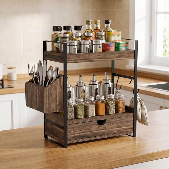Kottwca 2-Tier Bathroom Counter Organizer with Drawer, Basket & Hooks, Wooden Vanity Shelf for Skincare, Perfume & Makeup Storage(Dark Brown)