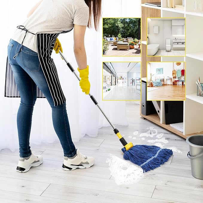 ZAVOOS Commercial Mop, Heavy Duty Looped End String Wet Mop with 64'' Long Handle, Industrial Cotton Dust Mop with Extra Replacement Heads for Home, Office, Garage, Warehouse Floor Cleaning
