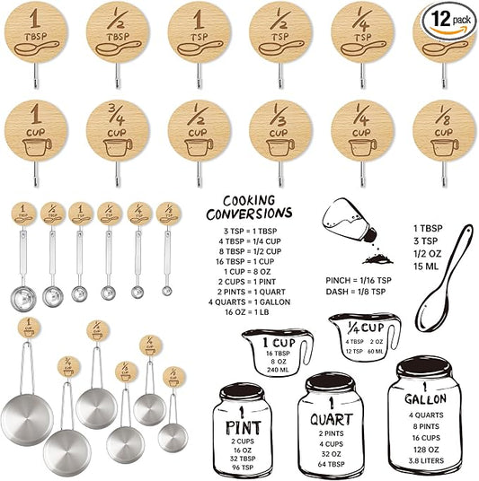 Measuring Cup and Spoon Organizer, 12 Pack Adhesive Wood Hooks for Hanging with 6 Kitchen Conversion Chart Stickers, Kitchen Hooks for Space Saving Storage
