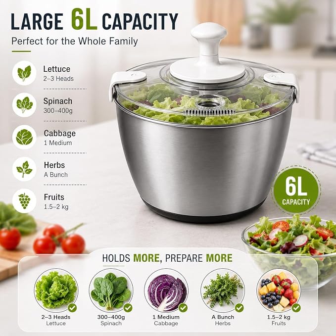 Stainless Steel Salad Spinner Large Capacity 5Qt – Hand Crank Vegetable Washer & Dryer with One-Touch Stop, Drainage Spout, Non-Slip Base – Dishwasher Safe Kitchen Tool for Lettuce & Fruit
