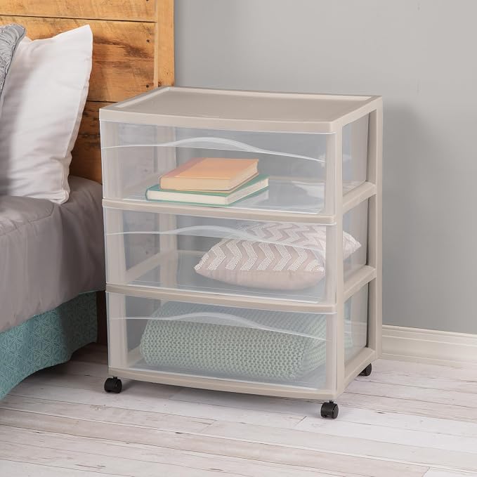 Sterilite Wide Storage Cart, 3 Clear Drawer Plastic Organizer with Wheels, Grey Pumice Frame - Rolling Unit for Craft Supplies or Home Accessories