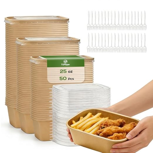 TOPtoper 50 Pack 25 OZ Disposable Meal Prep Containers with Lids and Forks, Large Kraft Paper Bowls for Party, Disposable Food Containers with Lids, Freezer and Microwave Safe Meal Prep Containers
