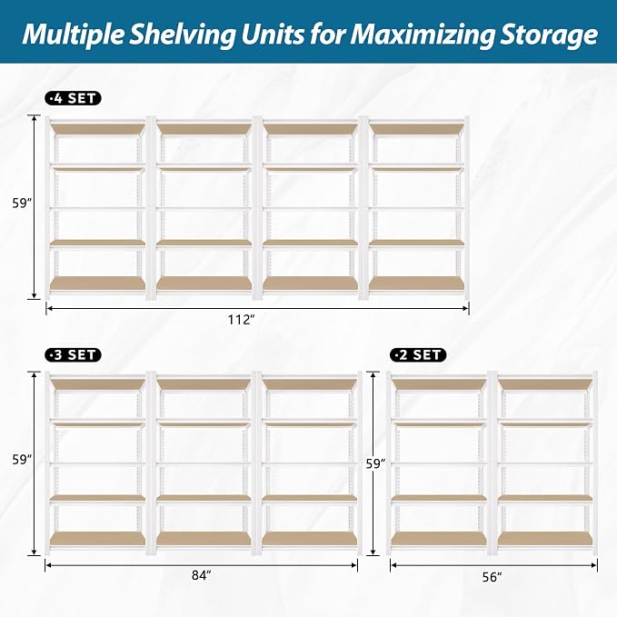 PrimeZone 28" W x 12" D x 59" H Closet Storage Shelves - 5 Tier White Metal Connector Shelving, Adjustable Heavy Duty Garage Shelves, Utility Rack Organizer Shelf for Kitchen Pantry Closet, 4 PCS