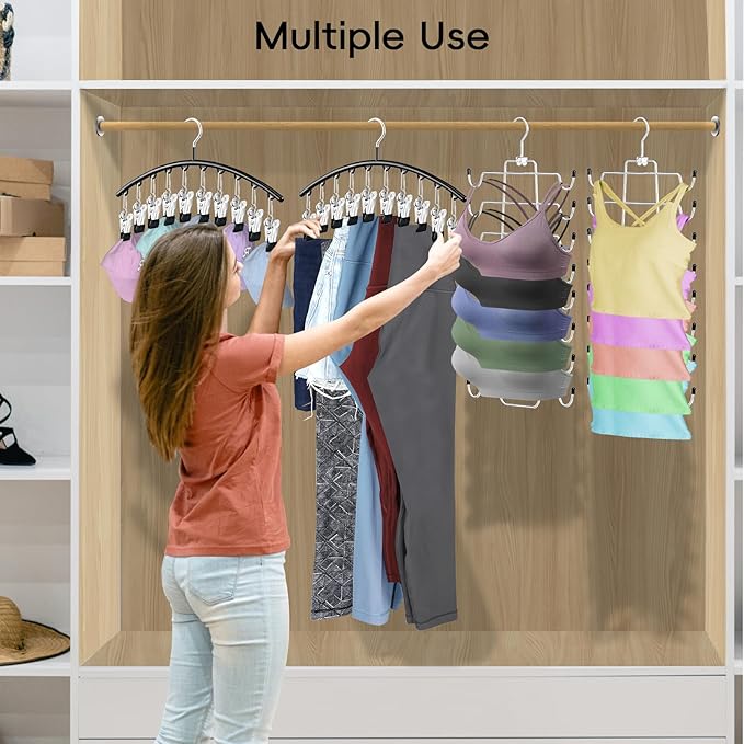 TomCare 4 Pack Space Saving Hangers, 2 Tank Top and 2 Leggings Organizers | 360° Swivel Design, 20 Clips for Leggings and Yoga Pants, Stainless Steel Hanging Closet Organizer