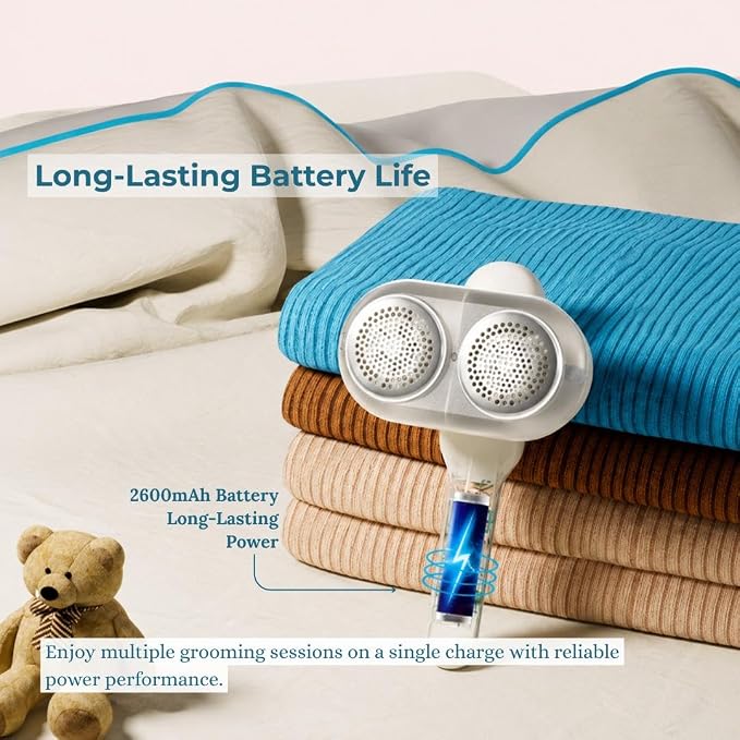 Fabric Shaver, Rechargeable Lint Remover, Pearl White | 2600mAh Powerful Battery, 9500 RPM with 3 Speeds, Includes 4 Extra 6-Leaf Blades