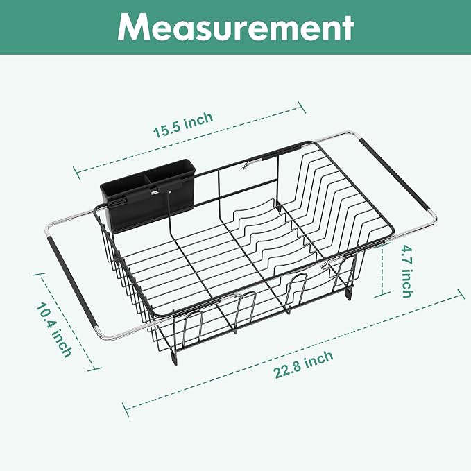 Over Sink Expandable Dish Drainer Drying Rack In Stainless Steel for Small Kitchen, Counter Space Saving Modern Black Compact Metal Above Plate Dryer Strainer, Adjustable Hanging Inside Drain Holder