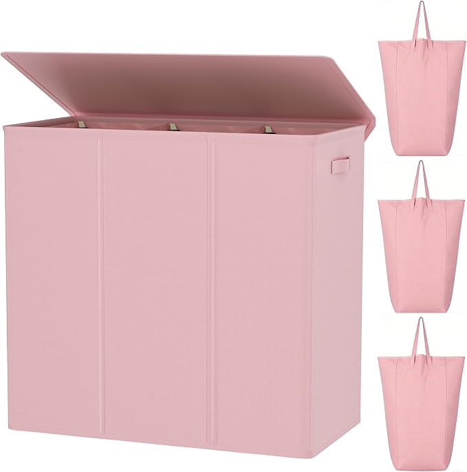 WOWLIVE 180L Laundry Hamper 3 Section, Large Laundry Basket with Lid | Dirty Clothes Hampers with Removable Bags and Handles, Collapsible Laundry Basket Organizer for Dorm Room, College, Pink