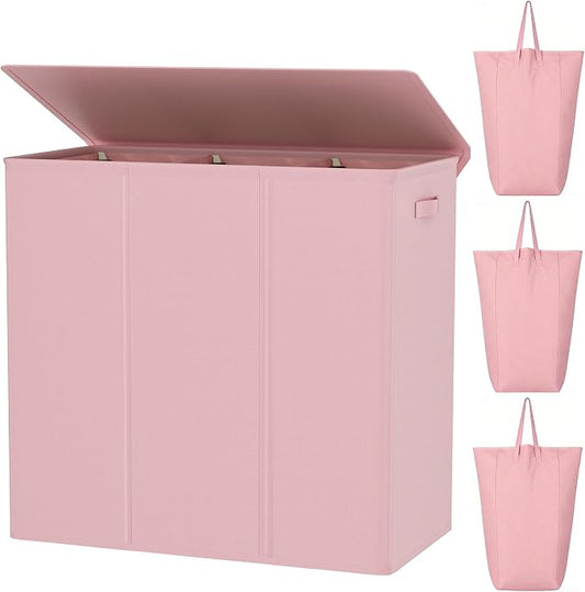 WOWLIVE 180L Laundry Hamper 3 Section, Large Laundry Basket with Lid | Dirty Clothes Hampers with Removable Bags and Handles, Collapsible Laundry Basket Organizer for Dorm Room, College, Pink