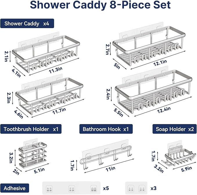 8 Pack Adhesive Rustproof Shower Caddy with Soap Dishes, Toothbrush Holder & Hooks, Large Capacity No-Drilling Shower Shelves Rack for Bathroom Organizers and Storage Accessories, Silver