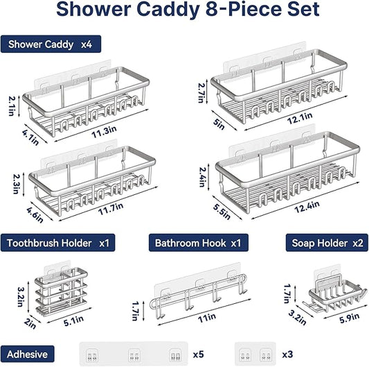 8 Pack Adhesive Rustproof Shower Caddy with Soap Dishes, Toothbrush Holder & Hooks, Large Capacity No-Drilling Shower Shelves Rack for Bathroom Organizers and Storage Accessories, Silver