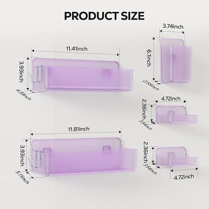 Nieifi Adhesive Shower Shelves, Purple, 5 Pieces | Rustproof ABS, Large Capacity, Removable Design, Easy-Clean, No Drilling Shower Organizer for Bathroom Storage & Home Decor