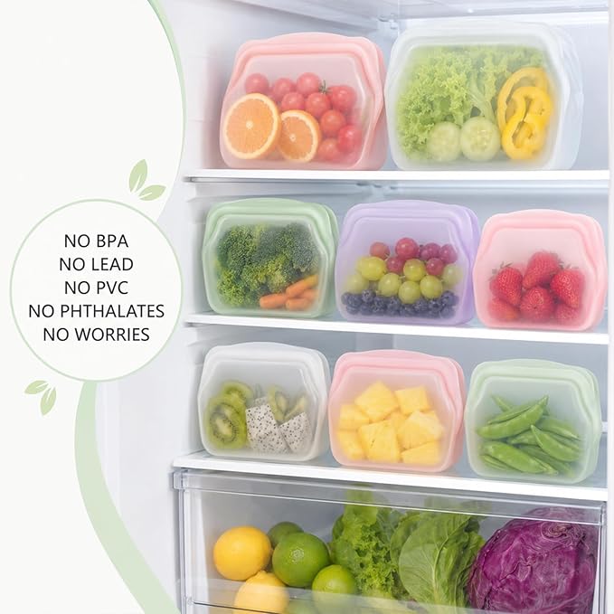 Everbag Silicone Storage, Everbag Food Storage Bags, Reusable Storage Bags, Leak-Proof Upright Freezer Bags (Purple+Green)