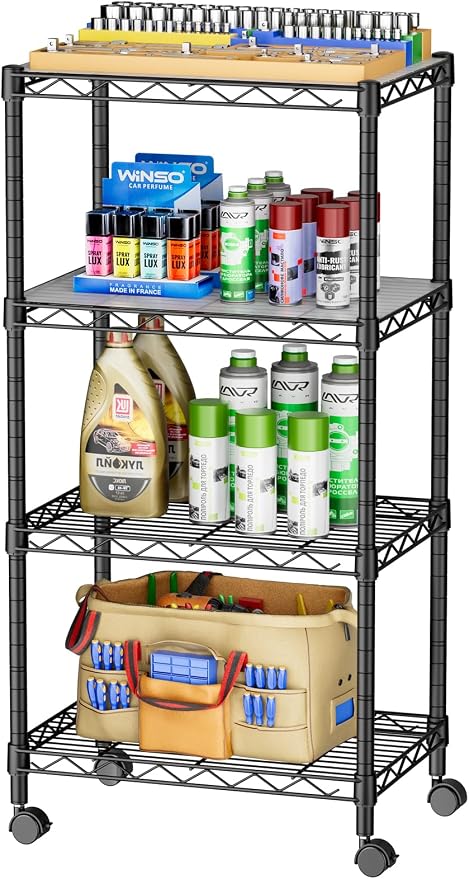 SINGAYE Small Wire 4 Adjustable Shelves Pantry Metal Shelf Floor Organizer | Armoire Adjustable Floor Kitchen Narrow Organizer Rack Shelving Short Square Stackable Standing Storage Tier Under Unit