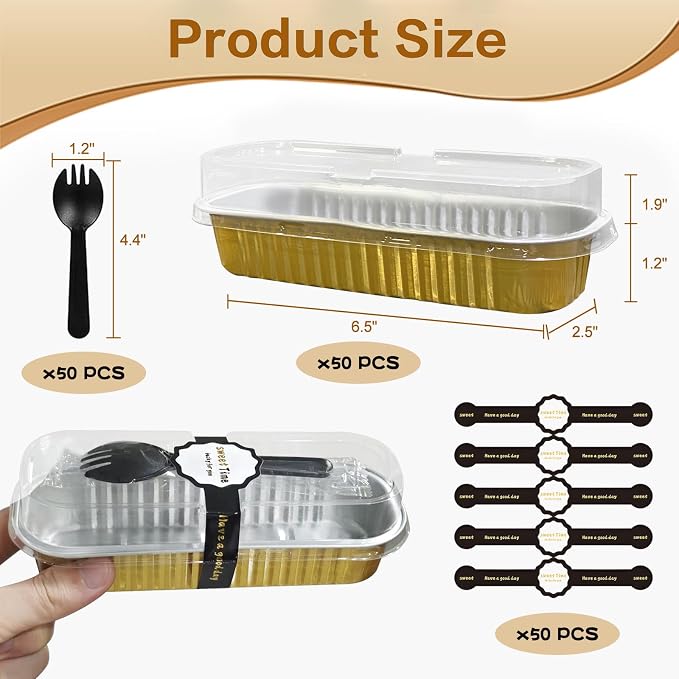 Mini Cake Pans With Lids And Spoons 50 Pack,6.8 oz Rectangle Mini individual Loaf Pans Disposable Aluminum Foil Small Baking Cups Tins (50, gold)