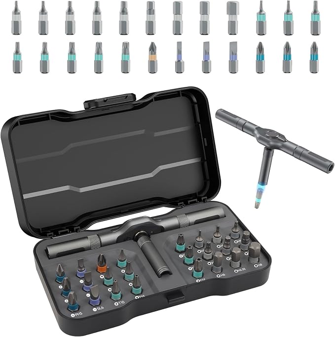 24 in 1 Magnetic Screwdriver Set, Ratchet Mini Screwdriver Set with Multi Bits, Portable Screwdriver Sets Detachable T Handle with Storage Case Repair Tool Kit for Furniture Computer Bicycle or DIY