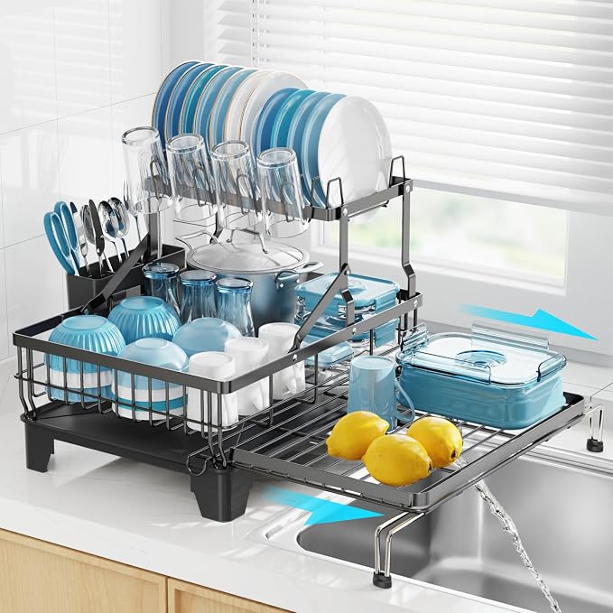 GSlife Large 2 Tier Dish Drying Rack, Expandable Multifunctional Dish Rack for Kitchen Counter, Rust-Resistant Dish Drainer with Utensil & Cup Holder, Auto-Drain, 16.9" W x 14.4"-22.4" L, Black
