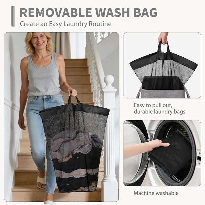 CHICVITA 75L Slim Laundry Basket with Wheels & Wash Bag, Light Grey | Removable wash bag, space-saving slim design for bedroom and college dorm. Rolling clothes hamper