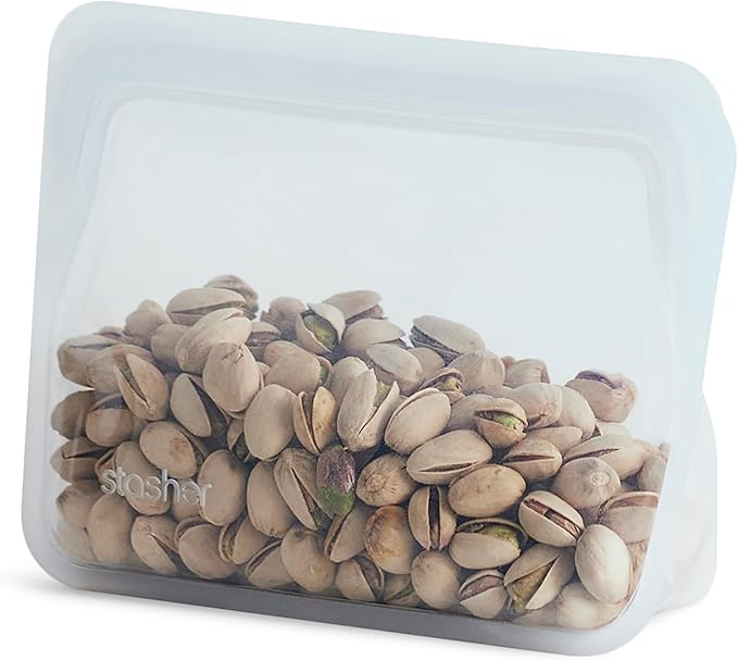 Stasher Premium Reusable Silicone Stand-Up Mini Bag, Clear, 28 oz | Food-Safe Silicone, Eco-Friendly, Reusable Freezer Bags, Microwave, Dishwasher, Pantry, Meal Prep, Travel Bag, Bulk Storage