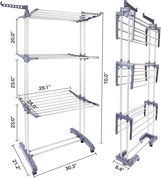 Heavy Duty Clothes Drying Rack, 4-Tier Foldable Laundry Drying Rack 70" Tall, Freestanding Stainless Steel Drying Rack with Collapsible Base & 24 Hanging Rods for Clothing, Bed Linens, Towels - Gray