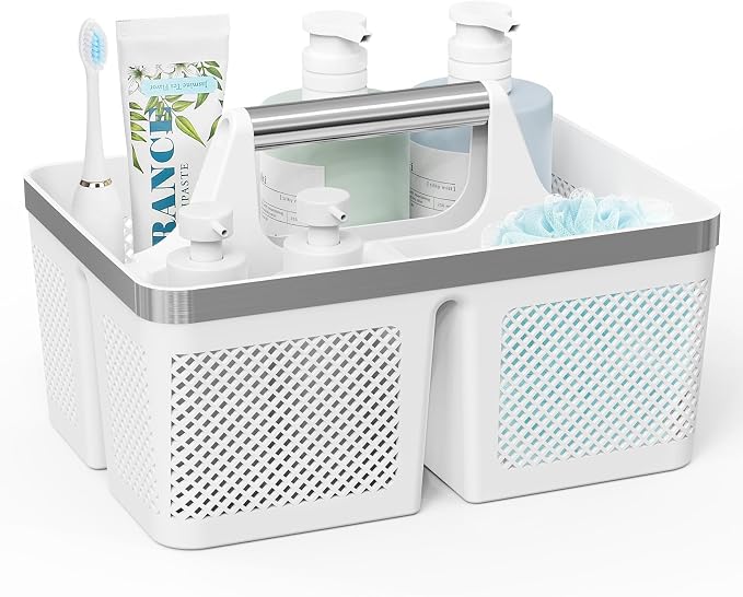 BYUNER Plastic Shower Caddy Dorm: Portable Bathroom Caddy Organizer with Handle and Holes, Cleaning Basket, Hard Shower Basket Storage Tote for Toiletry, College Dorm Room Essentials White/Silver