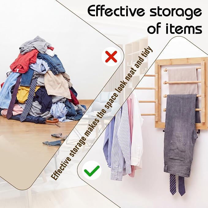 Sintuff Wall Mount Drying Rack for Laundry, 20 Inch Bamboo Collapsible Foldable Clothes Dryer Racks with 8 Arms & 5 Hooks, Space-Saving Laundry Hanger Dryer Rack, 80 lb Capacity