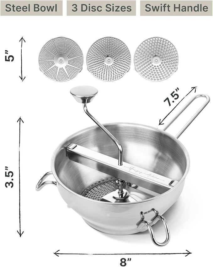 Stainless Steel Food Mill with 3 Discs – Ergonomic Rotary Hand Crank for Tomato Sauce, Applesauce, Baby Food, Mashed Potatoes, Puree & Canning