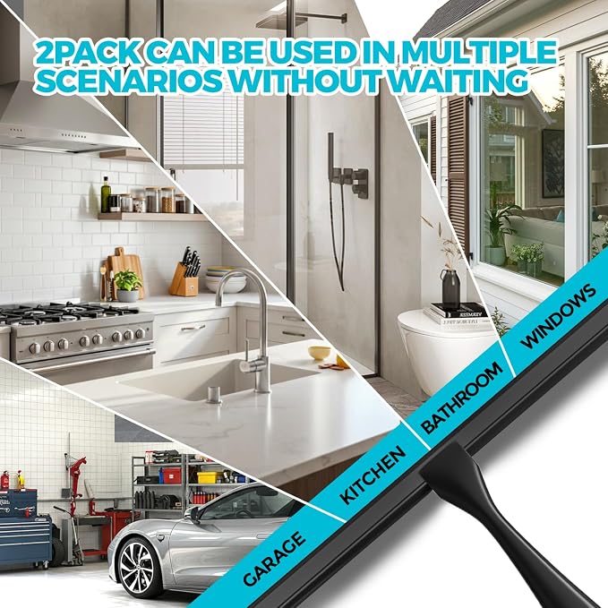 ALFLOD 2pcs Shower Squeegee for Glass Doors with Adhesive Hanging Hook Set | 10” black, bathroom accessories, window cleaner, new home essentials, soft rubber blade, metal handle, ergonomic grip
