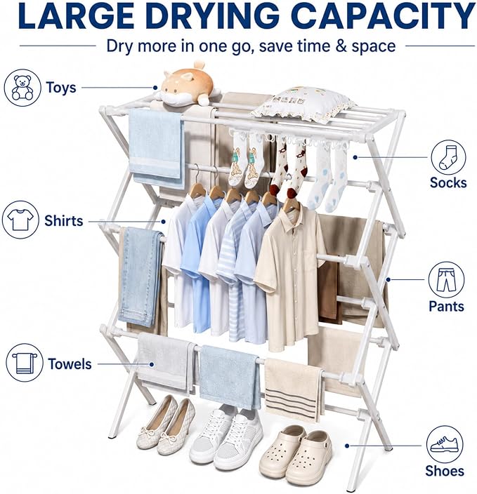 Homde Foldable Drying Rack for Apartments: 11 Poles with 18 Sock Slots | Dries Clothes Socks and Towels-Portable Drying Stand for Laundry and Balcony-Expandable Space Saving Garment Dryer