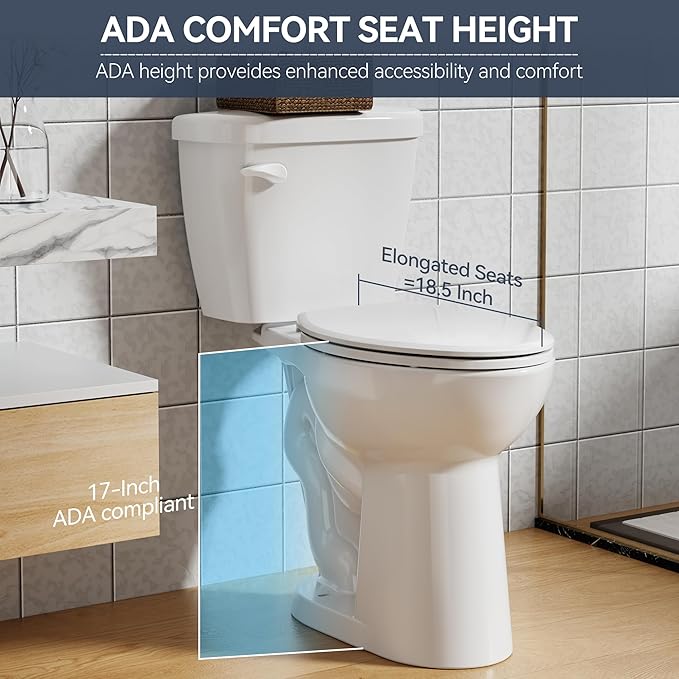 19 Inch Tall Toilet, Two-Piece Elongated Toilet with ADA Comfort Chair Height Seat, Powerful 1.28 GPF Single Flush Bowl for Bathroom, Elongated Toilet Seat