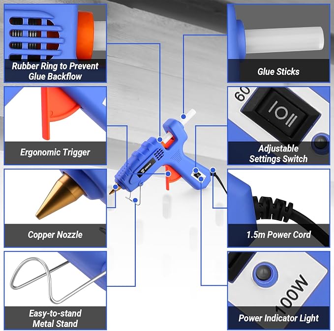 Hot Glue Gun Full Size: DEKOPRO 60/100Watt Dual Temp Hot Glue Gun Kit with 25 Glue Sticks, Organize Storage Case, Heavy Duty Heat Glue Gun Tool Set for Home Repair, Art & Crafts, DIY Blue