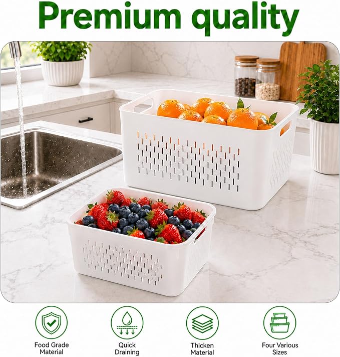 UFORU 4 Pack Fruit Storage Containers for Fridge, Produce Containers with Removable Colander, Airtight Stackable Storage Containers, Reusable Refrigerator Organizer Bins for Berries, Lettuce