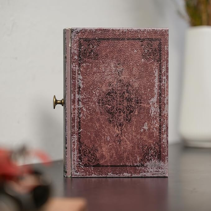 Book Storage Box with Drawer, Distressed Reddish Brown Faux Leather Cover with Classic Damask Pattern, Hidden Vintage-Style Organizer for Jewelry or Keepsakes, 7″ x 5″ x 1.6″