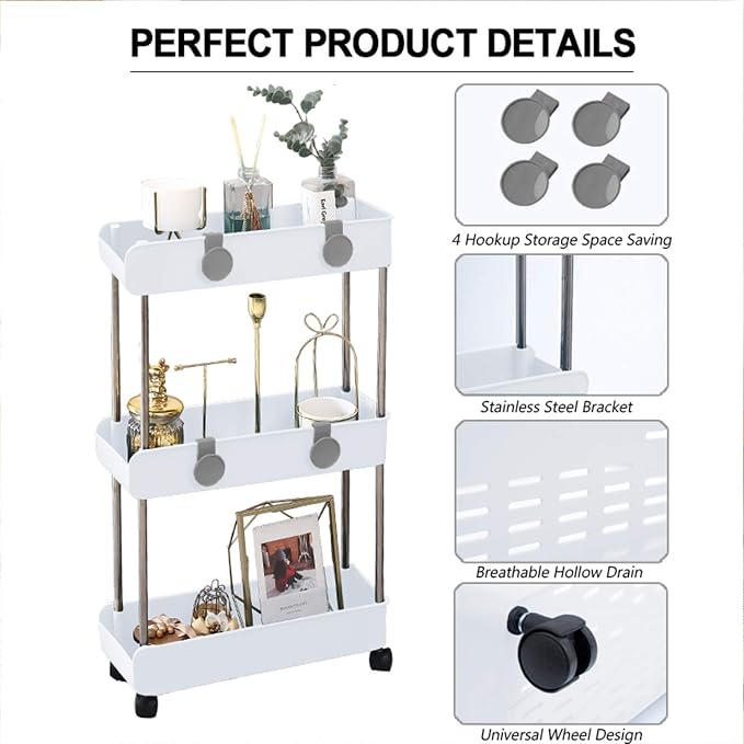 3-Tier Slim Mobile Shelving Unit on Wheels, Slide Out Rolling Bathroom Storage Organizer, Utility Carts Shelf Rack for Kitchen Bathroom Laundry Room Narrow Places, White