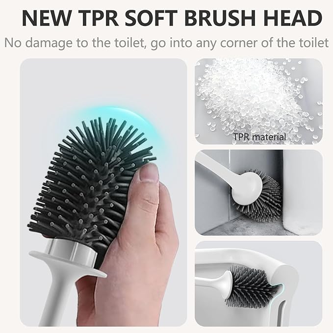 Silicone Toilet Brush Set for Bathroom Cleaner Brush Set,Non-Slip Handle with TPR Soft Bristle,Wall Mounted/Floor Standing,Toilet Scrubber Brush White and Turbo Drying