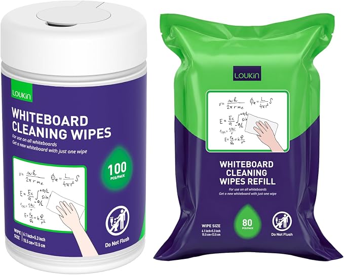 loukin 100 Whiteboard Wipes with 80 Refill Wipes, Non-Toxic Dry Erase Wipes, Whiteboard Cleaner Wipe for Classroom, School, Office