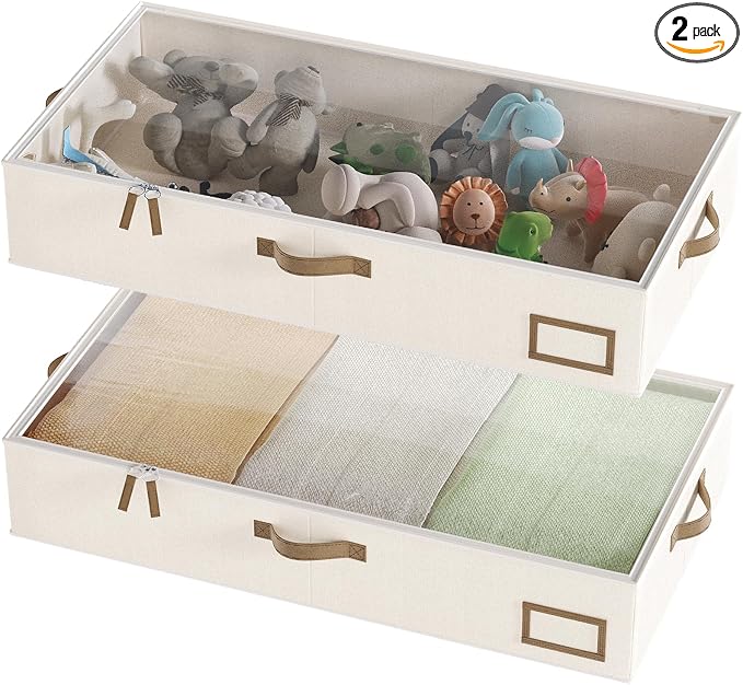 Under Bed Storage, Under Bed Storage Containers Bins for Clothes, Large Linen Underbed Closet Organization Bins, 2 Pack Collapsible Underbed Bin Dorm for Clothes, Sweater, Beige