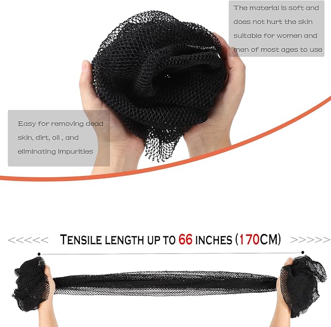 African Net Sponge Authentic,Exfoliating Body Shower Scrubber,Black | Woven nylon africannet sponge,stretches up to 66in for full body & back washing removes dead skin,oil,For Women and Man