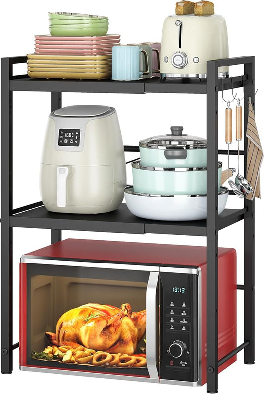 DOLALIKE Microwave Oven Rack, Expandable Microwave Stand Countertop Kitchen Utensils Tableware Storage, Carbon Steel Over Microwave Shelf Countertop with 3 Hooks | Adjustable Microwave Oven Rack Metal Storage Shelf with 3 Hooks for Pans Small Appliance...