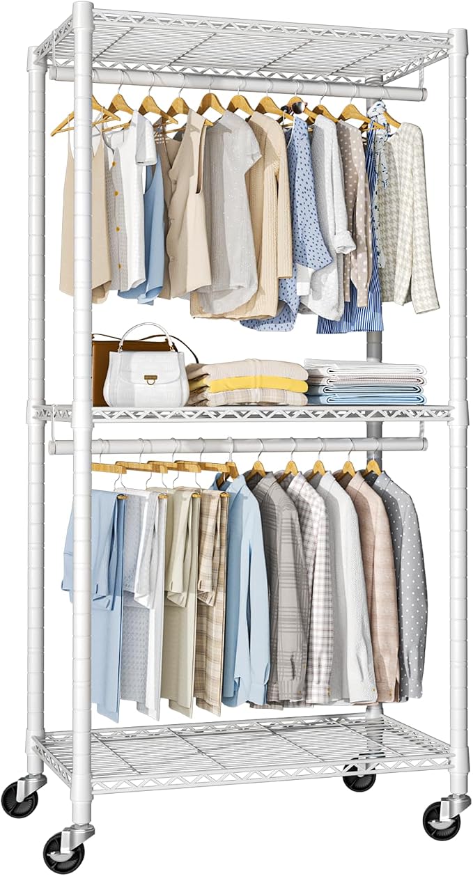 FUTASSI P1 Medium Heavy-Duty Portable Closet, 30" W x 14" D x 76" H, White | Metal Rolling Clothing Rack, Closet System with Wheels and Shelves for Hanging Clothes, Portable Wardrobe Organizer Storage
