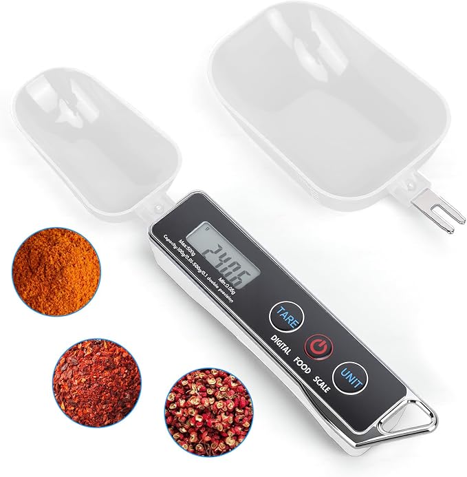Dioche Digital Measuring Spoon Scale, High Precision 0.05g to 500g Capacity, with 30ml & 80ml Detachable Spoons, Tare Function & Unit Conversion for Baking, Cooking, Pet Food, Kitchen - Black