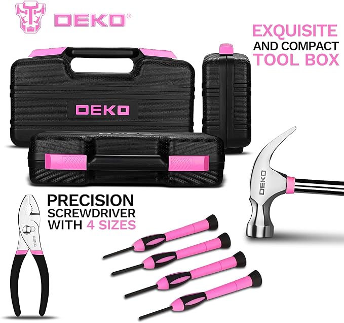 DEKOPRO 39-Piece Pink Household Tool Kit for Women, Basic Hand Tool Set with Plastic Toolbox Storage Case, Small Starter Tool Box Set for Home Repairs, DIY Projects, Crafts and Dorm Essentials