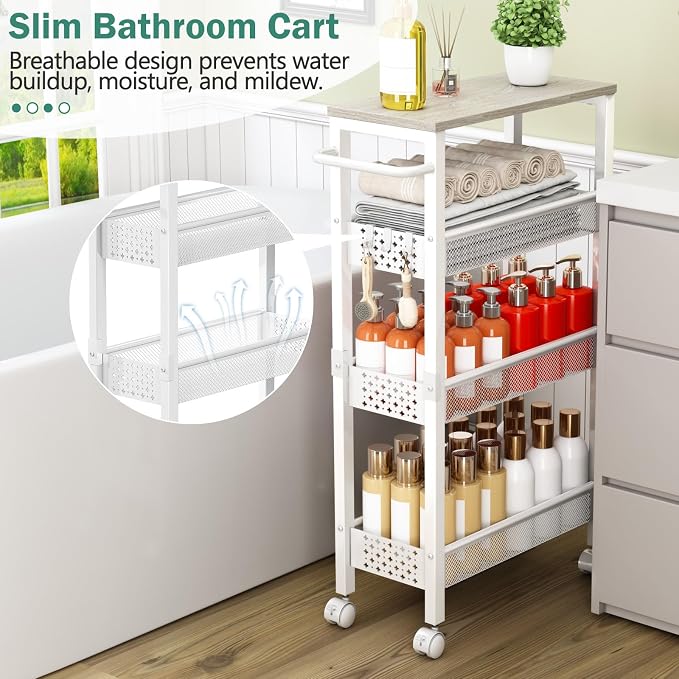Vivihomety 4-Tier Slim Utility Rolling Laundry Cart with Wheels, Metal | Narrow 7.1" wide, Lockable wheels, wood top panel, metal frame, with handle, for laundry, bathroom, kitchen, white