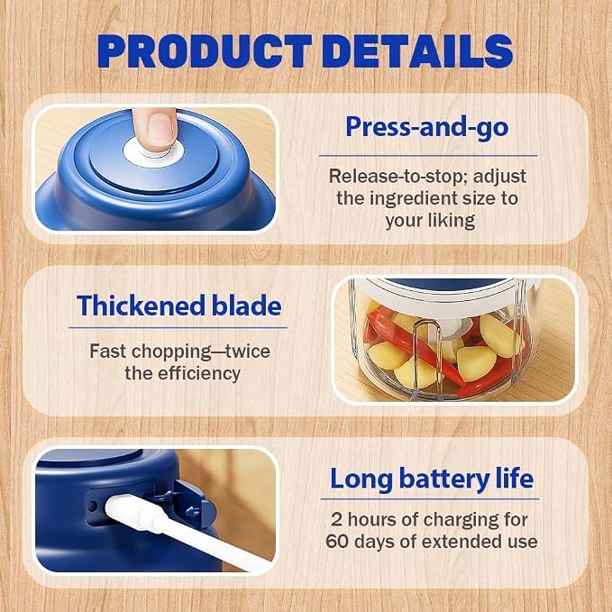 Electric Mini Garlic Chopper Set, 2026 New Small Garlic Chopper Mincer, USB Rechargeable, Wireless Veggie Grinder, Rapidly Garlic Minces Ginger Onion Chili Veggie (Blue, 320ml)
