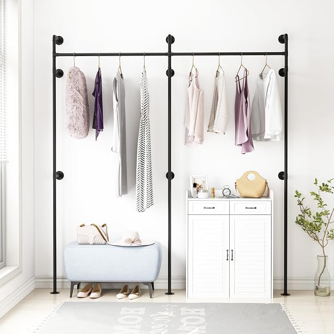ORSENIGO Industrial Pipe Clothing Rack, Heavy Duty Clothes Rack for Hanging Clothes, Wall Mounted Display Garment Rack for Home Retail Boutique (Double, Black)